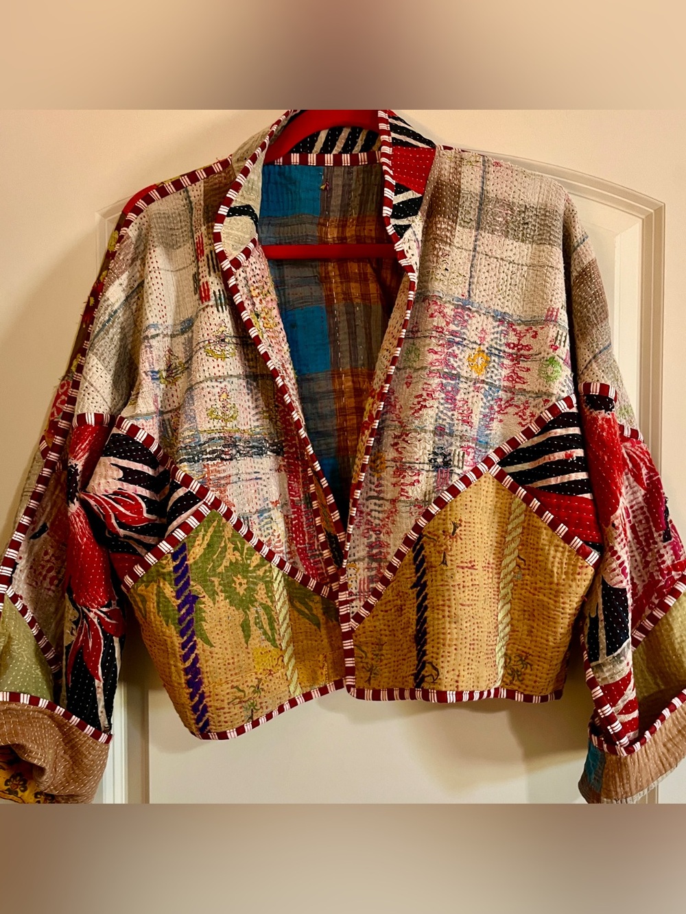 Eclectic Bohemian Artisan Made Kantha Bomber Jacket New OS